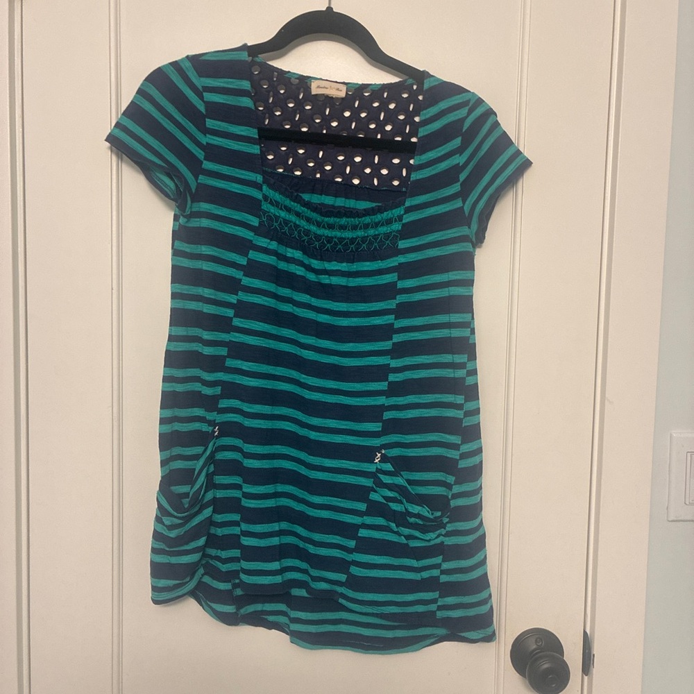 Pretty Meadow Rue Teal and Black Striped Blouse
